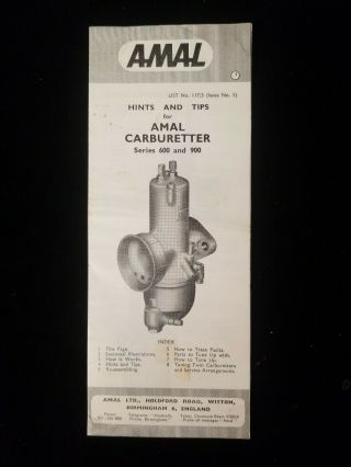 Vintage Amal Series 600 And 900 Carburetor Brochure,  Norton Triumph Bsa Jap Ajs