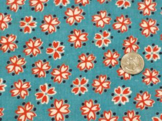 Vintage Feedsack Fabric: Red And White Flowers On Turquoise Blue 44x18 In