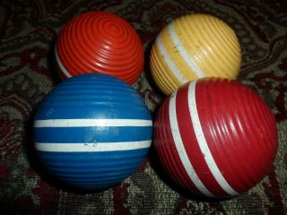 Vintage Wood Ribbed Croquet Balls Set Of 4 Orange,  Blue,  Red,  Yellow