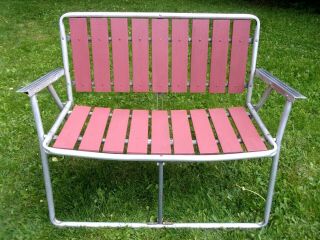 Vtg Red Wood Slat Aluminum Folding Loveseat Bench Lawn Chair Metal Arms Mcm