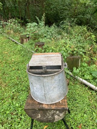 Vintage DELUXE Galvanized Mop Bucket with Wood Wringer and Metal Handle 2