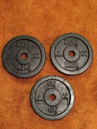 3 Vintage Dp Barbell 4 Kg / 8.  8 Lb Standard Weight Plates Cast Iron 26.  4lb Total
