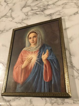 A Vintage Mother Mary Sacred Immaculate Heart Lithograph Print Framed 8 By 10 "
