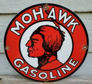 Old Vintage Mohawk Oils Motor Oil Gasoline Porcelain Enamel Gas Pump Sign