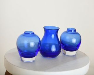 3 Vintage Blue Art Glass Small Bud Vases Mini Flower Vase Small Unique Cobalt