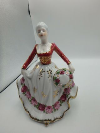Vintage Figurine Victorian Lady Holding Hat With Red White Gown Floral And Gold