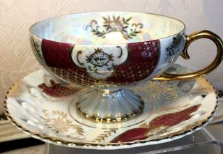 Vintage Pedestal Cup And Reticulated Saucer Iridescent Lustreware Burgundy Gold