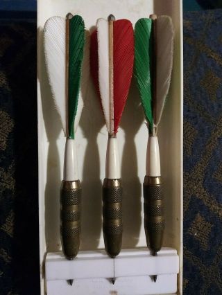 Vintage Unicorn 26g Brass Feather Darts Made In England Set Of 3 W/original Case