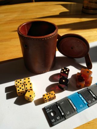 Vintage Leather Dice Cup With A Variety Of Bakelite Poker Dice And Dice