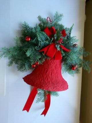 Vintage Red Christmas Bell Wreath Pressed Board Paper Plastic Greenery Mcm July