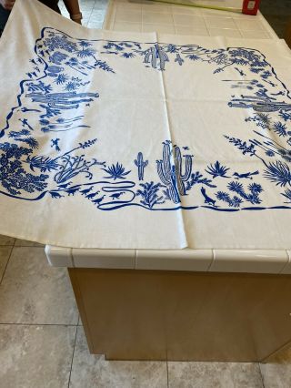 Vtg Htf Harwood Steiger 43 X 46 " Blue & White Cactus Roadrunner Tablecloth