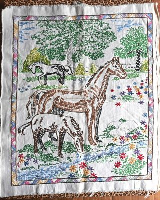 Vintage Hand Embroidered Picture Panel Horses Trees Flowers 19.  5 " X 16.  5 "