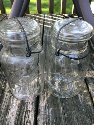 3 Vintage Ball Ideal Canning Jars Quart Size Wire Bail W/ Lid 2,  10 &10e Usa