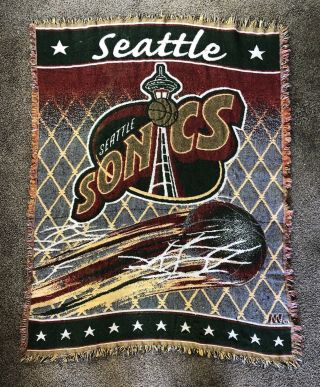 Vintage Seattle Supersonics Blanket Knit Sonics Nba Throw Rare Usa Size 55 X 42