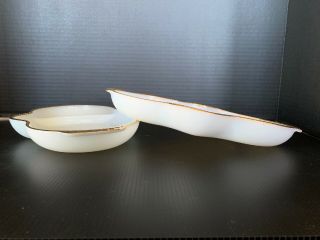 Vintage Fire King Milk Glass Divided Relish Dish 3 - Section Gold Beaded Trim Pair