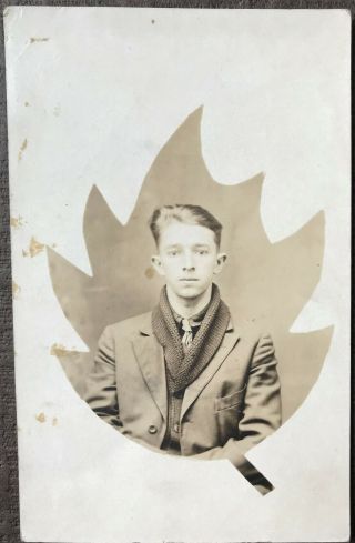 Vintage Rppc Real Photo Postcard Handsome Young Man Leaf Gay