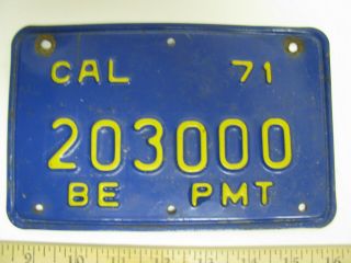1971 California State License Plate Be Permit Car? Automobile? Tag 203000 Blue