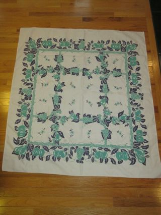 Vtg 1940s - 50s Heavy Cotton Tablecloth White W/ Purple And Green Fruit Graphics