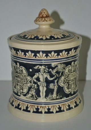 Vintage Glazed Pottery Tobacco Humidor Jar: German 5 3/8” Base 7” Tall
