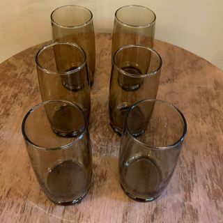 Set/6 Vintage Smoke Brown Drinking Glasses Tumblers Retro Mcm 5.  25” Tall