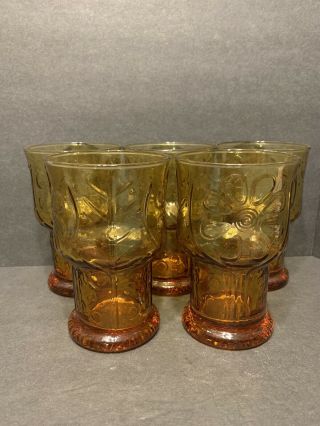 Vintage Amber Glassware Tumblers Drinking Glass Libbey Daisy Flowers Set Of 5