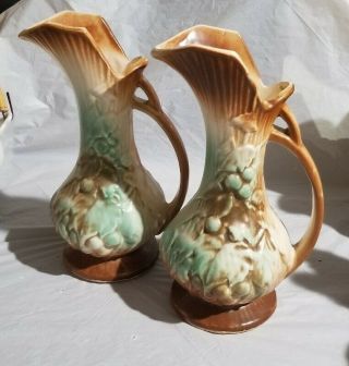 Set Of 2 Vintage Mccoy Art Pottery Ewer Pitcher Vase 9 " Tall Grn Brwn Grapevine