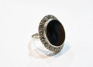 Vintage Estate Sterling Silver Black Onyx Ring W/ Marcasite Accents Sz: 10