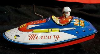 Tin Friction Speed Boat Vintage Rare (mercury 25) Toy 6 " Red/blue