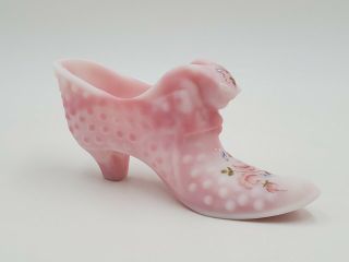Vintage Fenton Hobnail Cat Head Slipper Shoe Pink Hand Painted Signed Art Glass