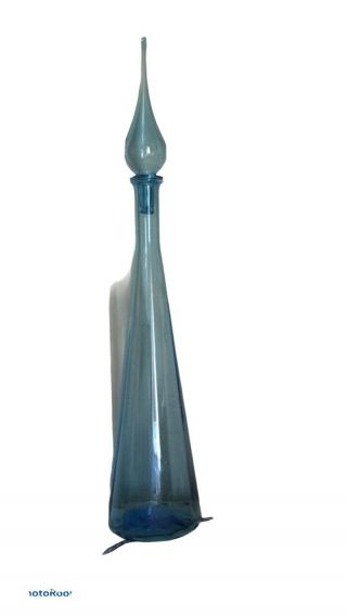 Tall Vintage 1960s Empoli Italian Glass Genie Bottle Blue
