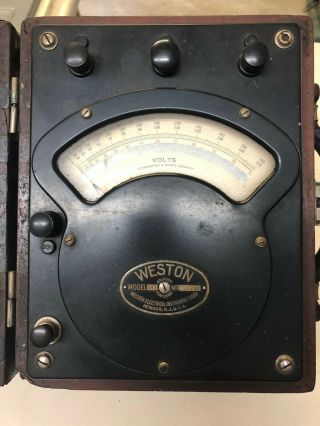 Vintage Weston Mod 341 Ac/dc Voltmeter In Wood Case.  Case In Fair Cond.