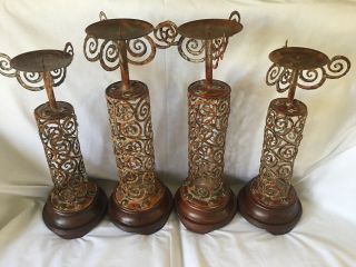 Tower Candle Holders Set Of 4 Home Decor Vintage Rustic Metal Wooden Indoor Room