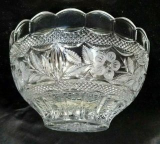 Vintage Cut Lead Crystal Serving Bowl With Etched Floral And Cut Diamond Pattern