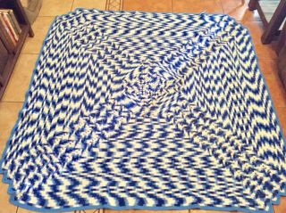 Vintage Hand Crochet Bedspread Blanket Coverlet Blue White 77”x77”