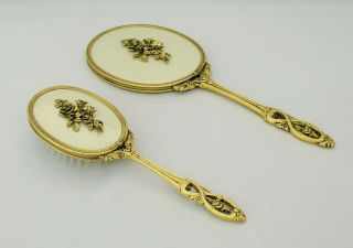 Matson Vintage Gold Ormolu - Vanity Set - Hand Mirror & Hair Brush - Roses