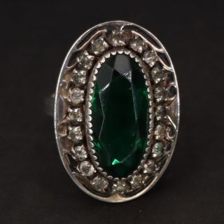 Vtg Sterling Silver - Art Deco Martelli Green Rhinestone Ring Size 6.  5 - 8g