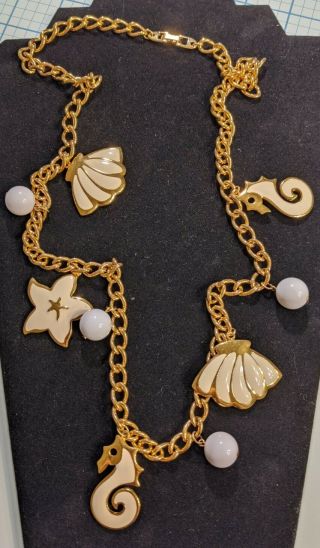 Vintage Napier Gold Tone Ocean Sea Life Large Necklace Shell Seahorse Starfish