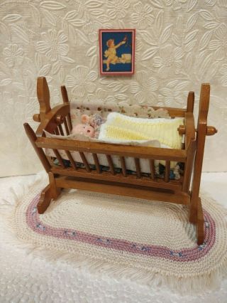Rocking Baby Cradle W/renwal Baby Vintage Wood Miniature Dollhouse Furniture