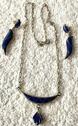 Vintage Lapis Lazuli And Sterling Necklace And Earrings