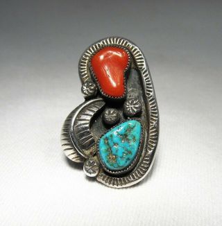 Vintage Navajo Old Pawn Turquoise & Coral Sterling Silver Ring C2725