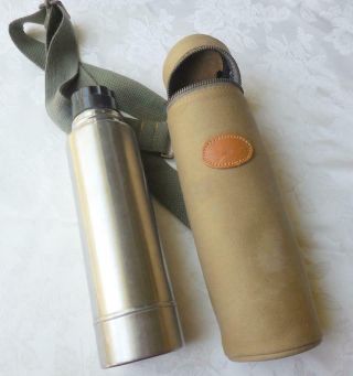 The Nature Company Leather & Canvas Shoulder Thermos & Holder Vintage