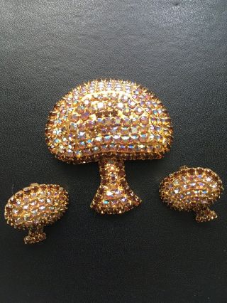 Vintage Gold Aurora Borealis Rhinestone Mushroom Brooch And Clip Earrings Set