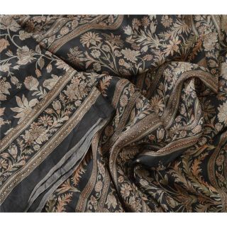 Sanskriti Vintage Black Sarees 100 Pure Silk Printed Sari Craft 5 Yard Fabric