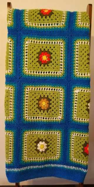 Vintage Handmade Crocheted Throw Blanket Afghan 58 " X42 " Blue & Green W/flowers