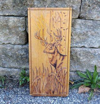 Vtg Hand Made Wood Burning Pyrography Art Deer In Woods Artist Initialed Dated