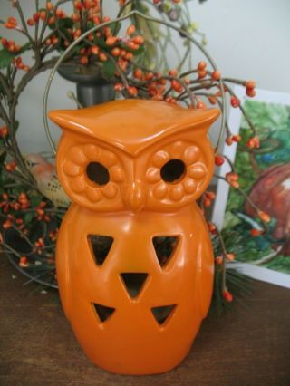 Vintage Japan Ceramic Orange Halloween Owl Votive,  Tea Light,  Candle Holder
