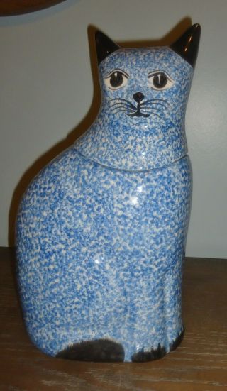 Vintage N.  S.  Gustin Blue White Mottled Cat Cookie Jar Ceramic Pottery Large Usa