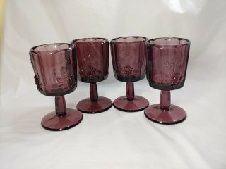 Vintage L G Wright Panel Grape Amethyst Pressed Glass Water Goblets Set Of 4