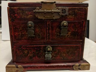 Vintage Leather Painted Chinese Jewelry Box W/mirror,  3 Drawers And Key Lock