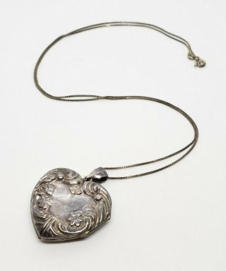 Elegant Vintage Signed 925 Sterling Silver Repousse Floral Heart Locket Necklace